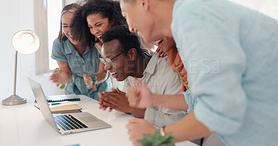 Buy stock photo Office, workers celebration and excited in company with teamwork, success or startup growth. Diversity, business people and coworking for web design project at computer happy from bonus and good news