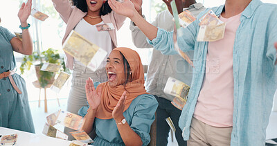 Buy stock photo Success, applause and money rain by business people in office for startup, loan and celebration. Investment, bonus and corporate team celebrating cash, winner and cashback target, goal or kpi reward