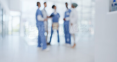 Buy stock photo Doctors, group and mockup space in hospital meeting, discussion or strategy for surgery, planning or results. Medical team, staff and talking in circle for wellness, blur or feedback in clinic
