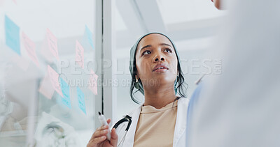 Buy stock photo Meeting, medical and planning with doctor and brainstorming for surgery strategy and solution in hospital office. Coaching, presentation and medicine training for professional woman for research