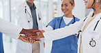 Doctors, hands or stack in teamwork, collaboration or motivation for healthcare, wellness or medical life insurance. Men, women or excited nurses in team building, support or solidarity in diversity