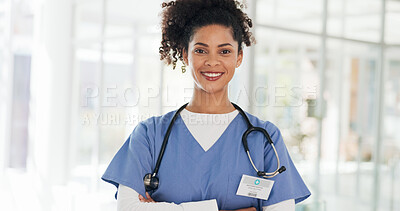 Buy stock photo Medical, woman and portrait of doctor in clinic for healthcare career in medicine or surgery in a hospital. Confident, happy and young surgeon, expert or medicare professional ready for surgery