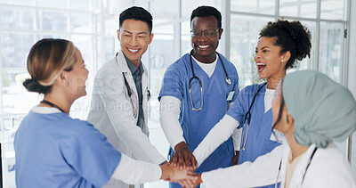 Buy stock photo Healthcare, teamwork and hands together in hospital for support, collaboration or motivation. Doctors, nurses and diversity, medical employees in huddle for help and trust, men and women in medicine.
