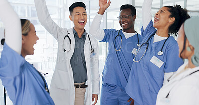 Buy stock photo Healthcare, teamwork and success in circle for motivation, collaboration or support at hospital. Doctors, nurses and diversity with medical employees in huddle for help, men and women in medicine
