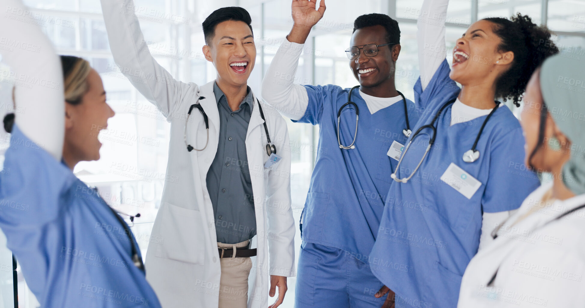 Buy stock photo Healthcare, teamwork and success in circle for motivation, collaboration or support at hospital. Doctors, nurses and diversity with medical employees in huddle for help, men and women in medicine