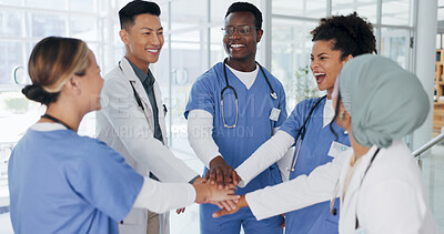 Buy stock photo Healthcare, teamwork and hands in circle for motivation, collaboration or support at hospital. Doctors, nurses and diversity, medical employees in huddle for help and trust, men and women in medicine