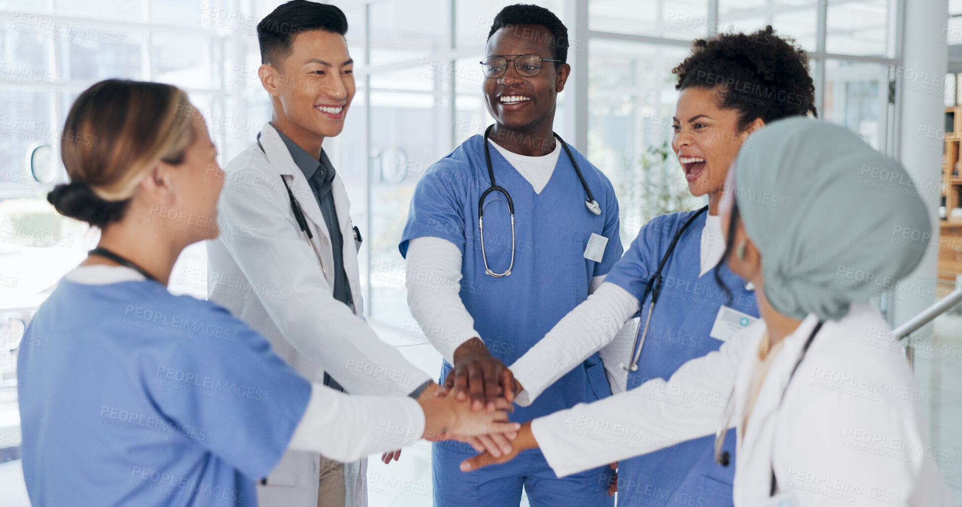 Buy stock photo Healthcare, teamwork and hands in circle for motivation, collaboration or support at hospital. Doctors, nurses and diversity, medical employees in huddle for help and trust, men and women in medicine