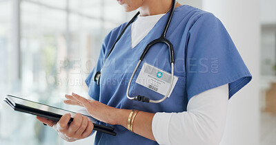 Buy stock photo Tablet, online and hands of person for medical information, hospital and research for test results. Closeup, nurse and doctor with digital tech for telehealth, data review and planning healthcare 