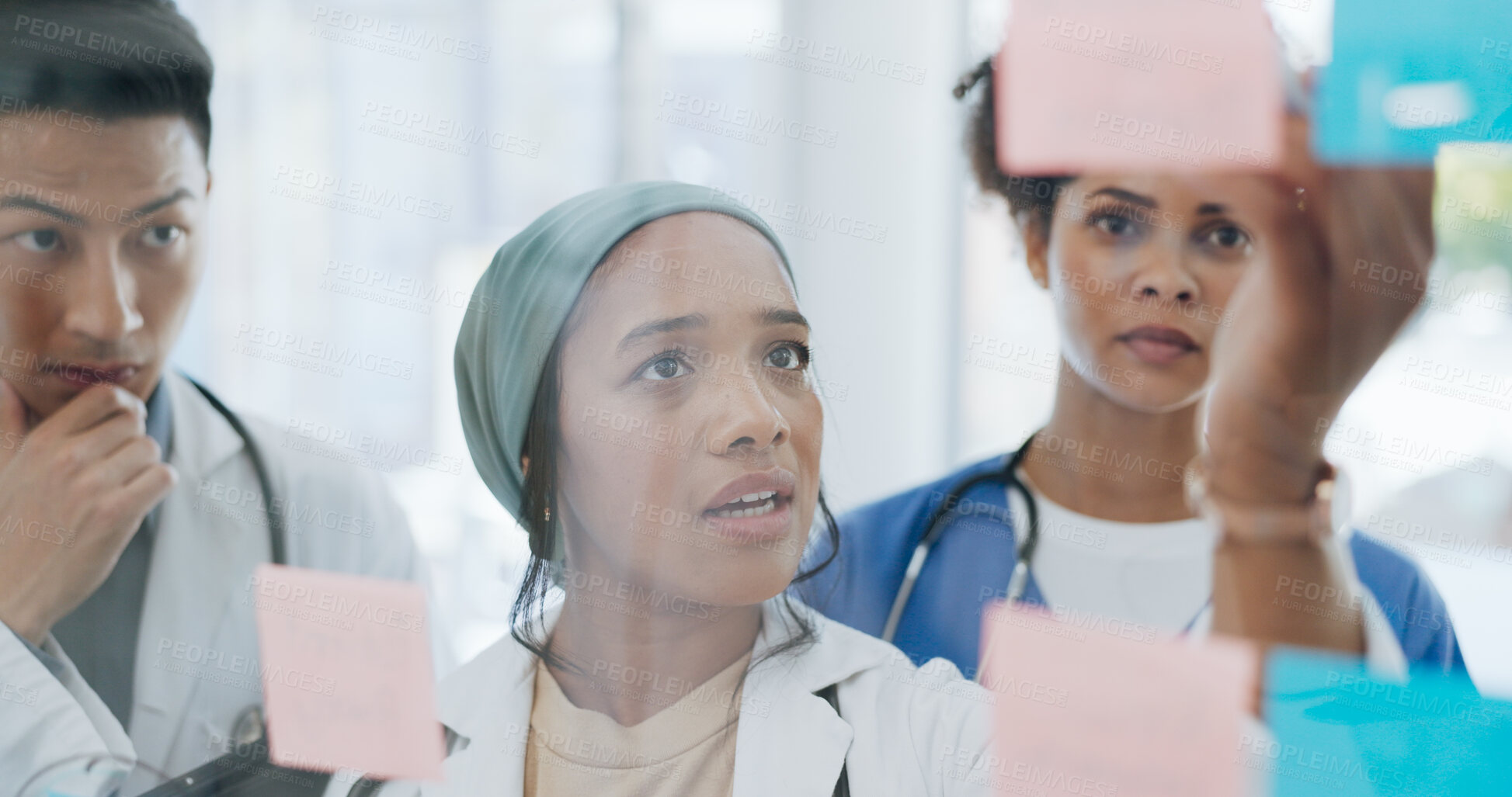 Buy stock photo Doctor, people and meeting in schedule planning, brainstorming or tasks on glass board at hospital. Group of medical or healthcare workers in teamwork, plan or ideas for surgery or strategy at clinic