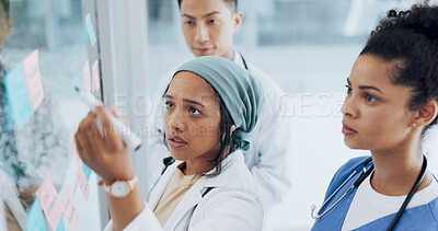 Buy stock photo Doctor, writing and meeting in schedule planning, brainstorming or tasks on glass board at hospital. Group of people, medical or healthcare workers in teamwork plan, ideas or strategy together