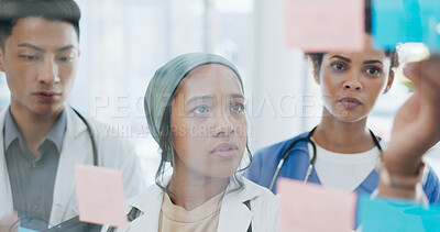 Buy stock photo Doctor, meeting and group in schedule planning, brainstorming or tasks on glass board at hospital. Team of Medical people or healthcare workers in teamwork plan, ideas or strategy together at clinic