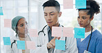 Doctors, planning or teamwork meeting on hospital calendar, sticky notes strategy or glass wall innovation. Healthcare, people or talking worker nurse and medical diversity vision or surgery schedule