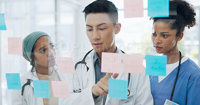 Buy stock photo Doctor, meeting and schedule planning in hospital for brainstorming, strategy or tasks on glass board. Team of Medical people or healthcare workers in teamwork, plan or ideas together at clinic