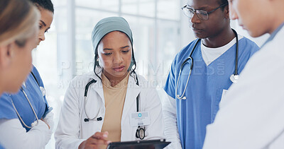 Buy stock photo Doctor, people and tablet in meeting, planning or team collaboration for surgery schedule at hospital. Woman, medical or healthcare professional in teamwork, plan or strategy together at clinic