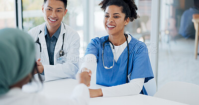 Buy stock photo People, doctor and handshake in meeting, welcome or teamwork for onboarding introduction at hospital. Happy woman, medical or healthcare nurse shaking hands in deal, agreement or interview at clinic