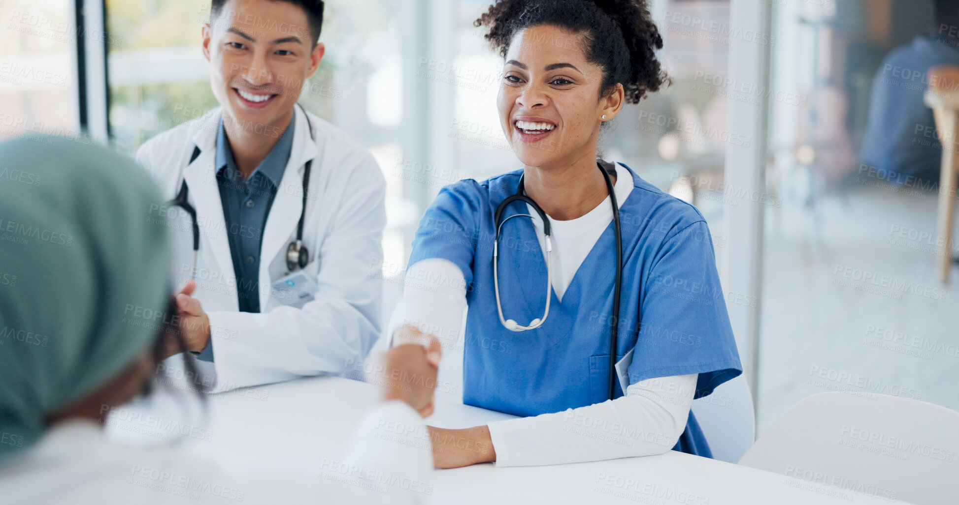 Buy stock photo People, doctor and handshake in meeting, welcome or teamwork for onboarding introduction at hospital. Happy woman, medical or healthcare nurse shaking hands in deal, agreement or interview at clinic