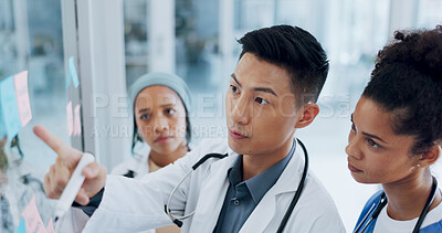 Buy stock photo Doctor, meeting and schedule planning in idea, brainstorming or tasks on glass board at the hospital. Team of medical people or healthcare workers in teamwork, plan or strategy together at clinic