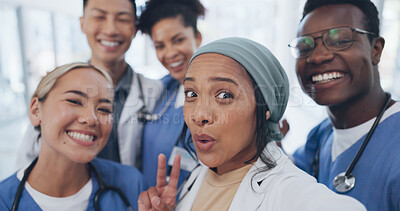 Buy stock photo Doctors, nurses and selfie in hospital with diversity, team building and healthcare in social media. Photography, men and women together with smile, staff and medical professional friends at clinic