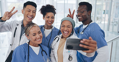 Buy stock photo Doctors, nurses and group selfie in hospital with diversity, team building and healthcare in medicine. Photography, men and women together with smile, staff and medical professional friends at clinic
