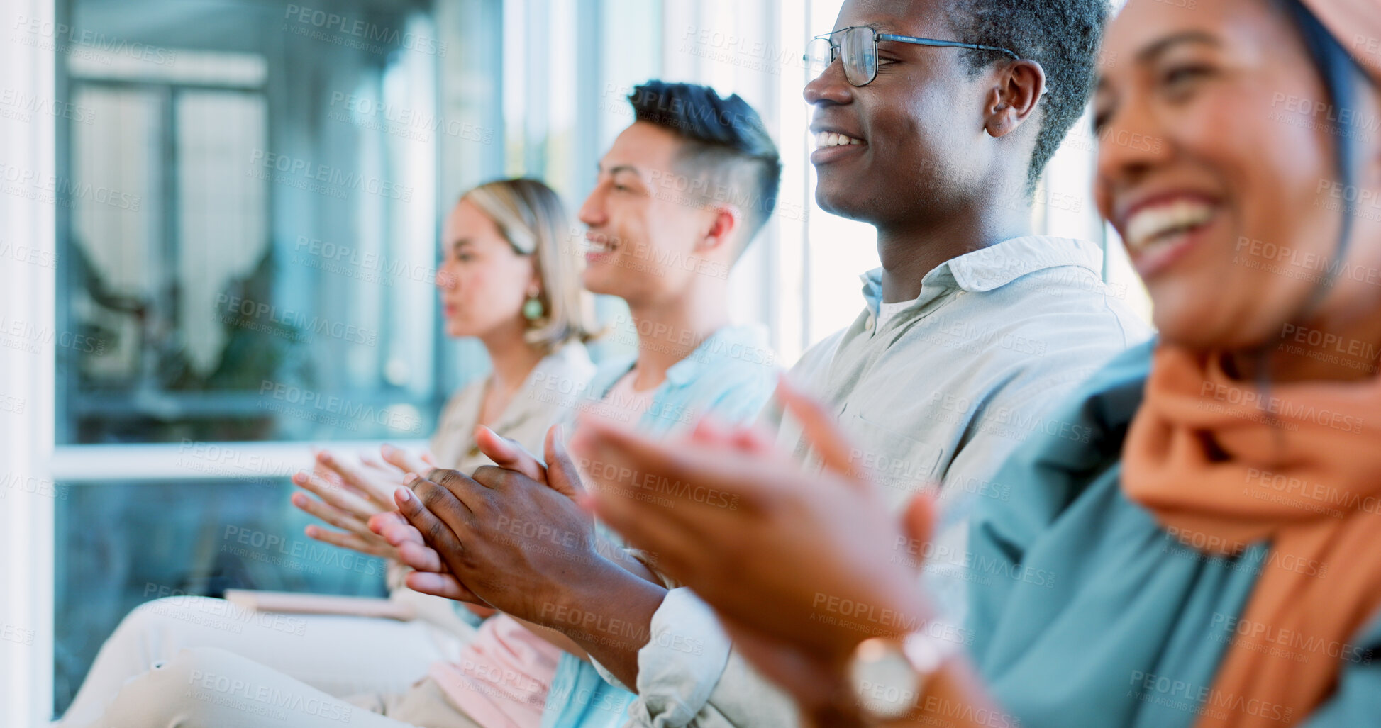 Buy stock photo Business people, group applause and smile for success at meeting, seminar and startup goal. Happy team, clapping and celebration of target achievement, bonus winner and congratulations at conference