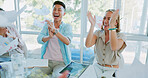 Teamwork, winner or high five with a business team throwing documents during applause at a meeting. Paperwork, collaboration and motivation with a man and woman employee in celebration at the office