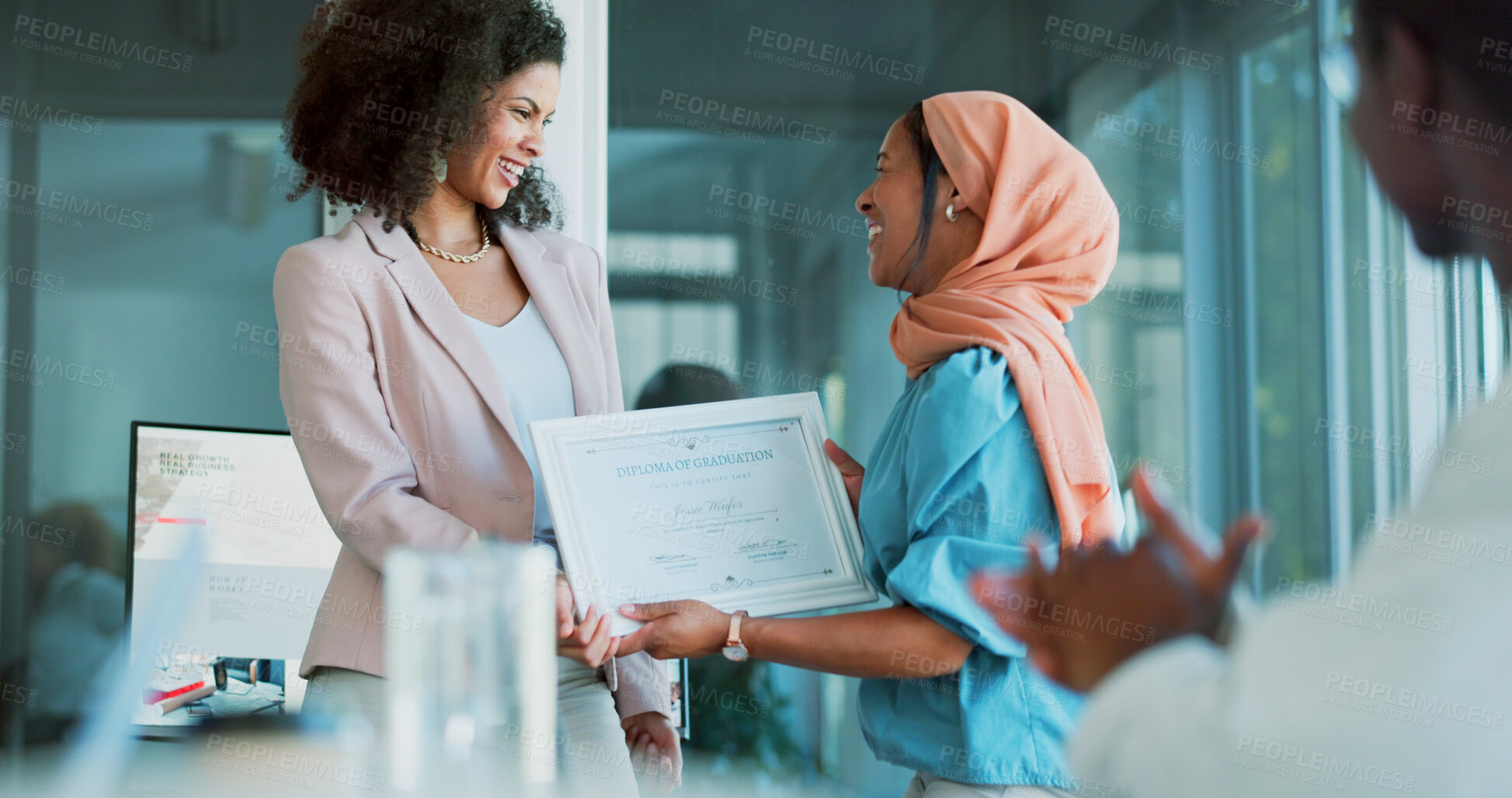 Buy stock photo Award, winner or clapping for business woman with people in celebration of success or achievement. Event, motivation or applause of crowd to praise a happy employee with goal, certificate or reward