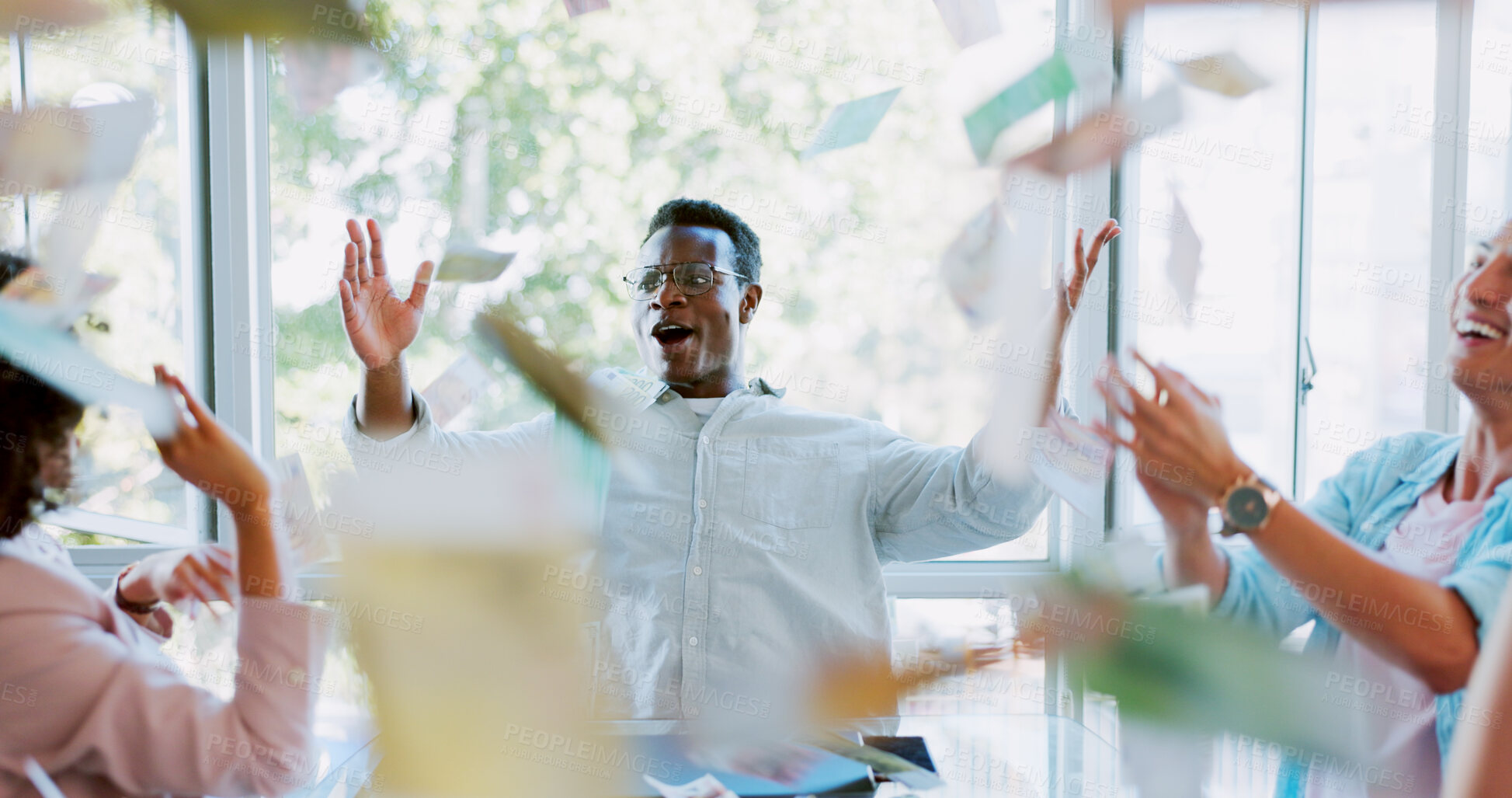 Buy stock photo Money rain, celebration and business people in a meeting, success and happiness with sales target in a workplace. Staff, group and manager with employees, applause and winner with bonus or investment