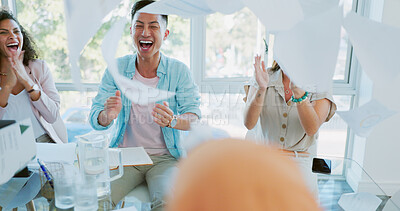 Buy stock photo Throwing paper in the air, celebration and business people in a meeting, investment and happiness with cheering in a workplace. Staff, victory or manager with employees, applause and wow with a smile