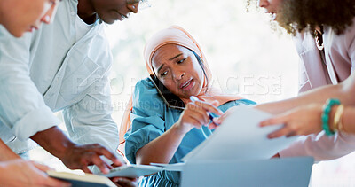 Buy stock photo Phone call, chaos and muslim woman with multitasking stress, workload or burnout in office by busy team. Management, anxiety and female manager overwhelmed by compliance, question or deadline fail