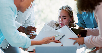 Buy stock photo Business, stress and chaos by woman in office overwhelmed by team with compliance documents. Workload, anxiety and lady manager with time management fail, problem for tax, audit or paperwork question