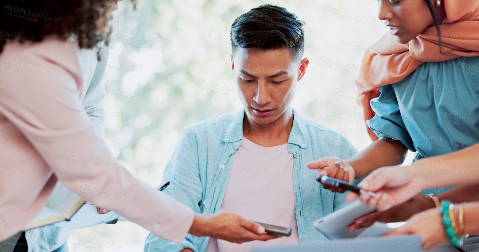 Buy stock photo Business, chaos and man with multitasking stress, pressure or workload burnout in office with busy team. Management, anxiety and Asian guy manager overwhelmed by compliance, question or deadline fail