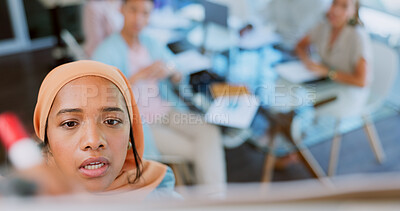 Buy stock photo Business people, presentation and muslim woman in meeting for coaching, strategy or idea brainstorming. Corporate, training and female manager with advertising, marketing or help and advice for team