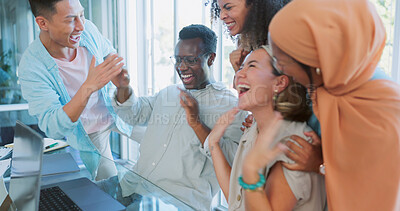 Buy stock photo Celebration, success and team of business people in office cheering for collaboration achievement. Happy, diversity and excited creative designers with winning, good news or promotion in workplace.