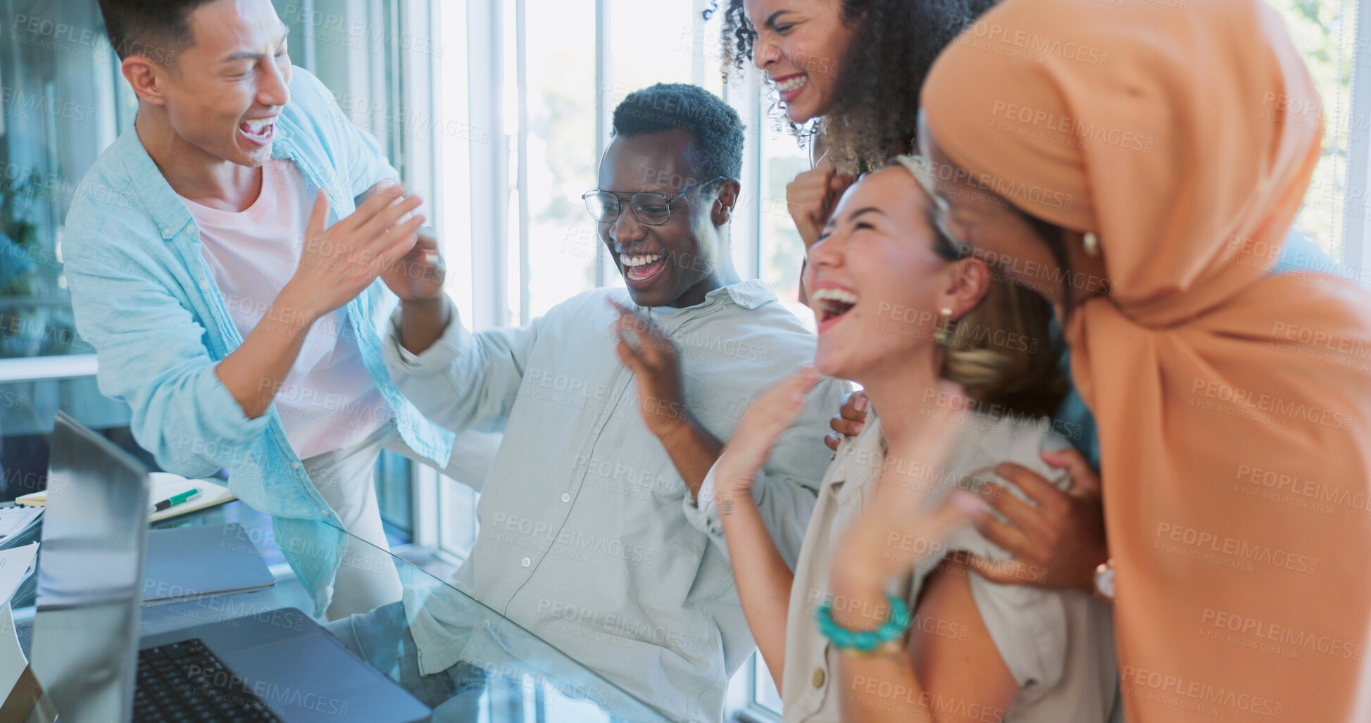 Buy stock photo Celebration, success and team of business people in office cheering for collaboration achievement. Happy, diversity and excited creative designers with winning, good news or promotion in workplace.