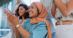 Business people, applause and smile for seminar, meeting or corporate team training at the workplace. Happy employee workers clapping in celebration for good business meeting, convention or workshop