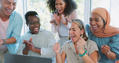 Buy stock photo Celebration, happy and team of business people in office cheering for collaboration achievement. Success, diversity and excited creative designers with winning, good news or promotion in workplace.