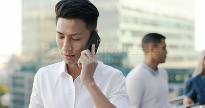 Buy stock photo Asian man, phone call on office building balcony for networking and connection in business negotiation. City, terrace and businessman with cellphone discussion for deal, consulting and communication.