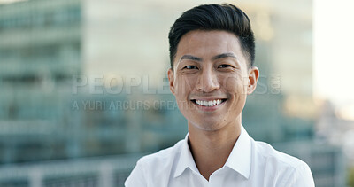 Buy stock photo Portrait, smile and Asian man on office building balcony with confidence, pride and business entrepreneur. City, terrace and proud businessman with happy urban job at consulting startup on cityscape.