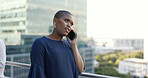 Phone call, communication and black woman at a meeting with a phone for networking, discussion and planning on a balcony. Talking, smile and employee with a mobile conversation during a work strategy