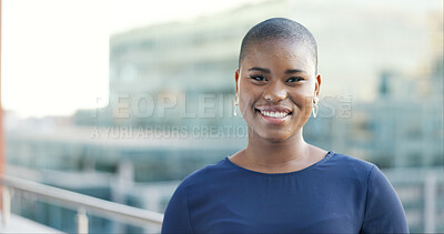 Buy stock photo Portrait, black woman and mockup on office building balcony with confidence, pride and business entrepreneur. City, terrace and proud businesswoman with smile on face, consulting startup on cityscape