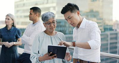 Buy stock photo Business people, rooftop and tablet with investment, planning and digital app with conversation, diversity and connection. Teamwork, group and accountant outdoor, tech and office balcony with network