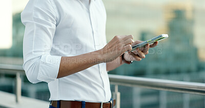 Buy stock photo Hands, phone and a business man in the city for communication, networking or information search. Mobile, contact and text message with an employee outdoor in an urban town using a social media app