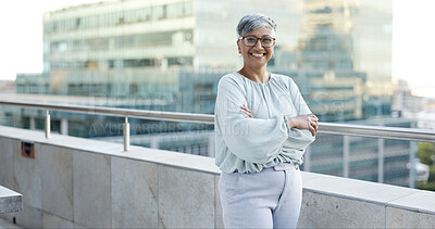 Buy stock photo Portrait, confidence and happy woman on office building balcony with smile, pride and business entrepreneur. City, terrace and proud businesswoman with happy face at consulting startup on cityscape.