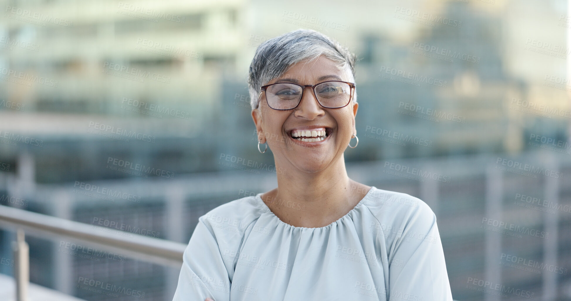 Buy stock photo Portrait, glasses and woman on office building balcony with confidence, pride and business entrepreneur. City, terrace and mature businesswoman with happy face at consulting startup on cityscape.