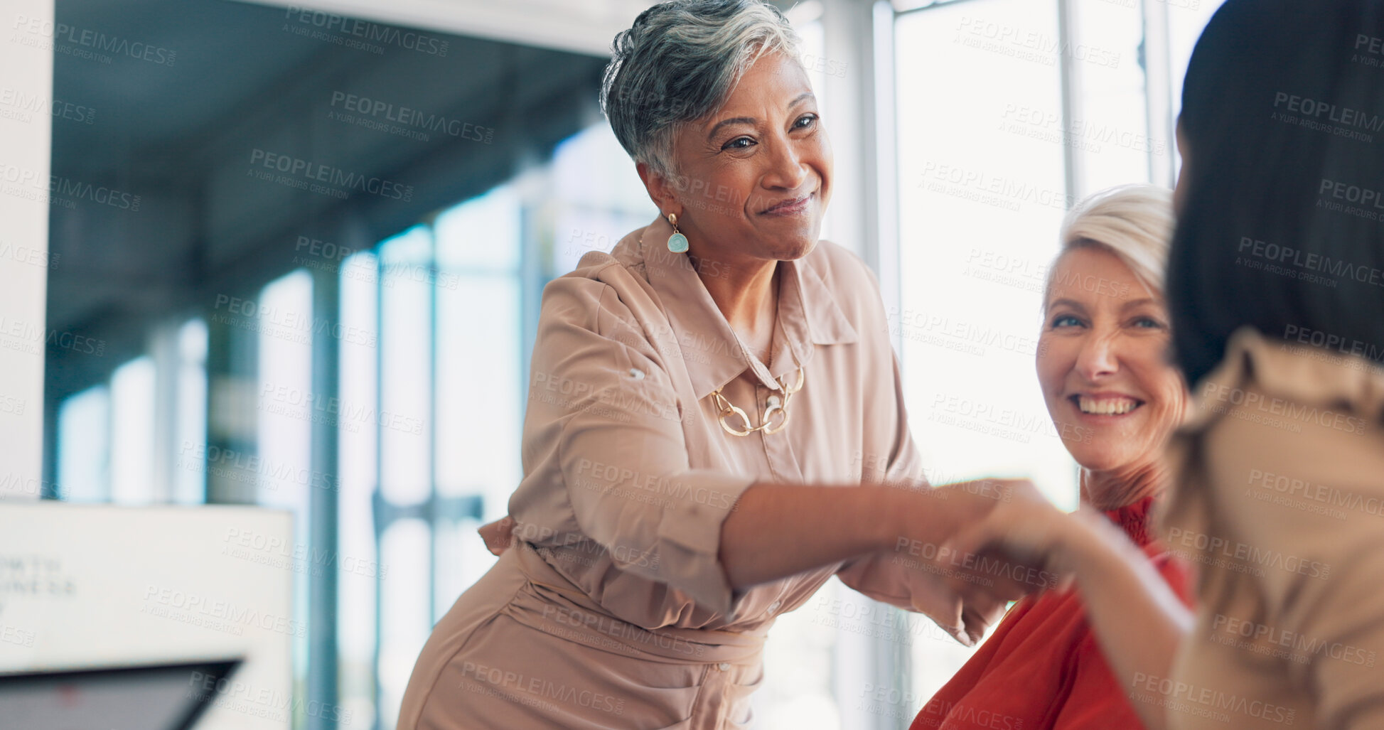 Buy stock photo Meeting, handshake or collaboration of business women in partnership for teamwork in boardroom. Welcome, diversity or senior leader with manager or employee in group working in office for b2b success