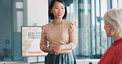 Buy stock photo Asian business woman, presentation or proposal in meeting, company growth strategy or team workshop. Planning, project management or female speaker with communication, ideas or corporate women