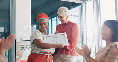 Buy stock photo Success, award or handshake with business women in meeting for goal, thank you or winner. Celebrate, applause or promotion for a happy woman with certificate for support, achievement or praise