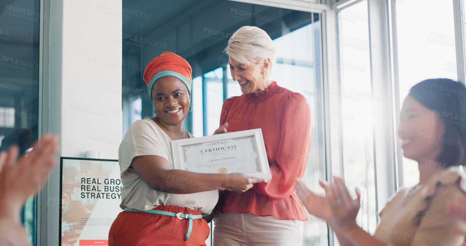 Buy stock photo Success, award or handshake with business women in meeting for goal, thank you or winner. Celebrate, applause or promotion for a happy woman with certificate for support, achievement or praise