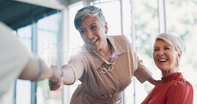 Buy stock photo Meeting, handshake and women with collaboration, opportunity and negotiation for growth, development or happiness. Female people, coworkers or staff shaking hands, partnership or welcome with support