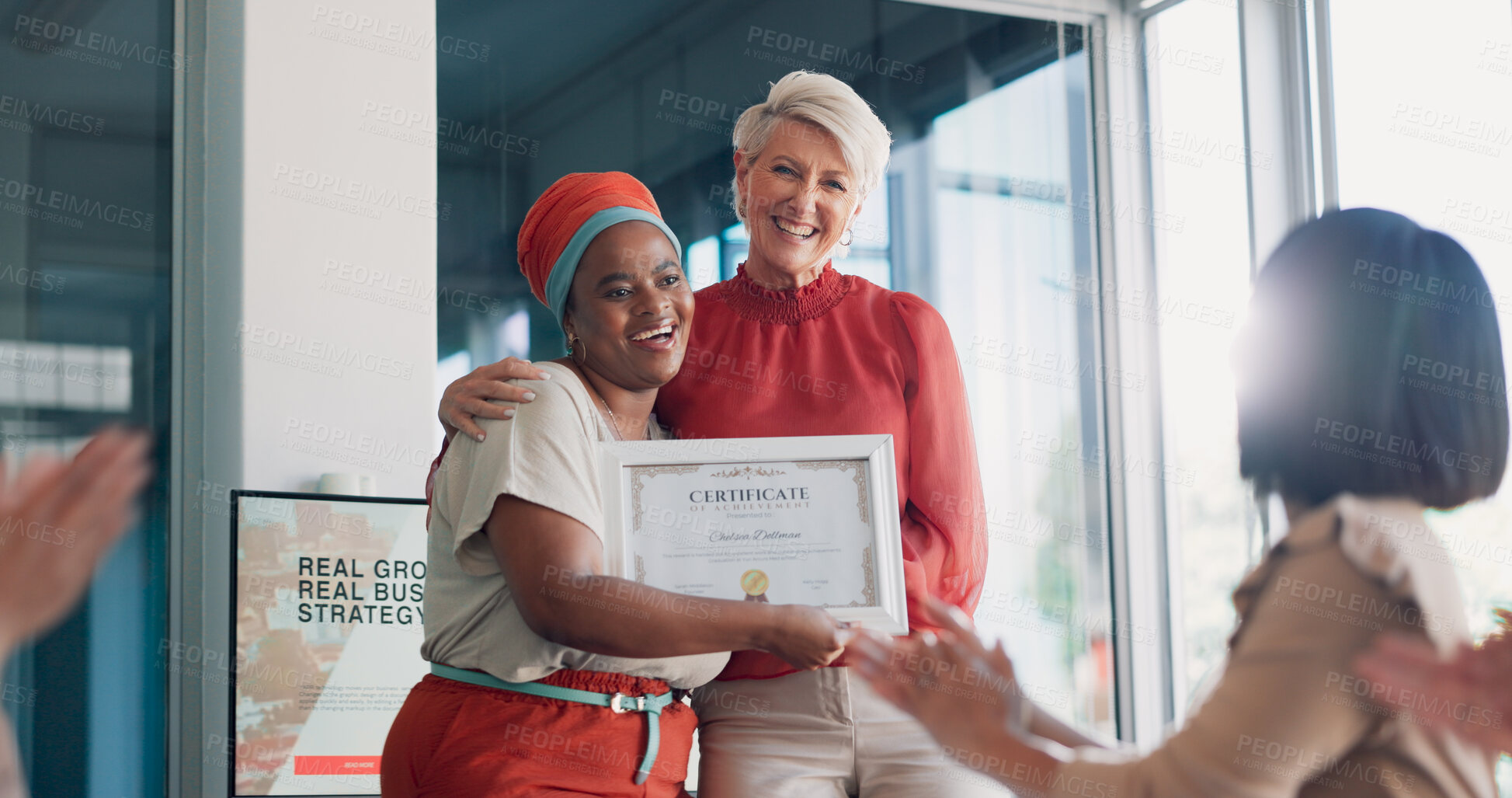 Buy stock photo Applause, award or business women in meeting for goal, thank you or winner in office. Celebrate, success or promotion for a happy black woman with certificate for support, achievement or praise